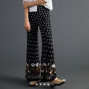 Anthropologie Black Boho Floral Wide Leg Pants Size US 6 Lightweight Flowy